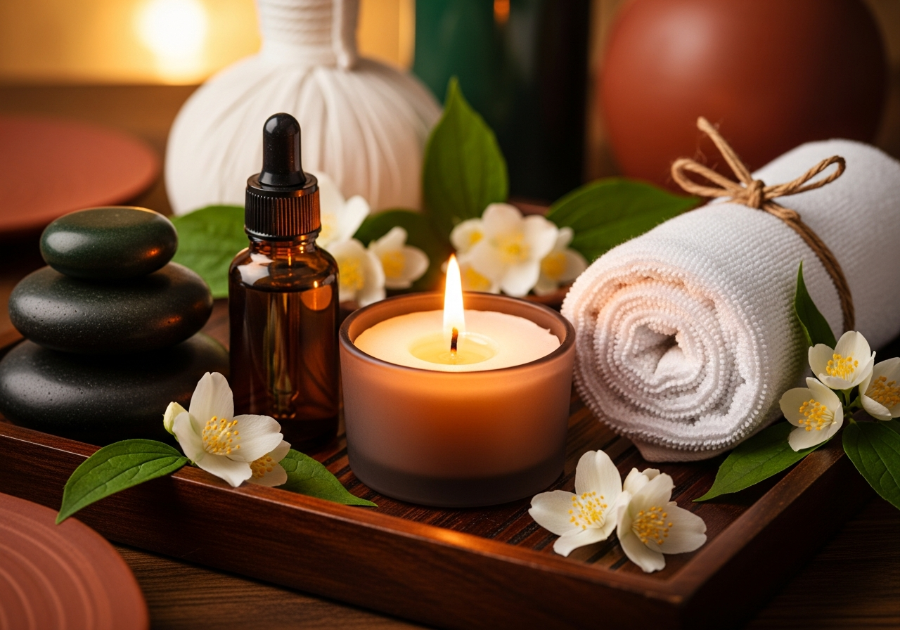 Luxury spa amenities — candle, towel, jasmine flowers and essential oils — illustrative