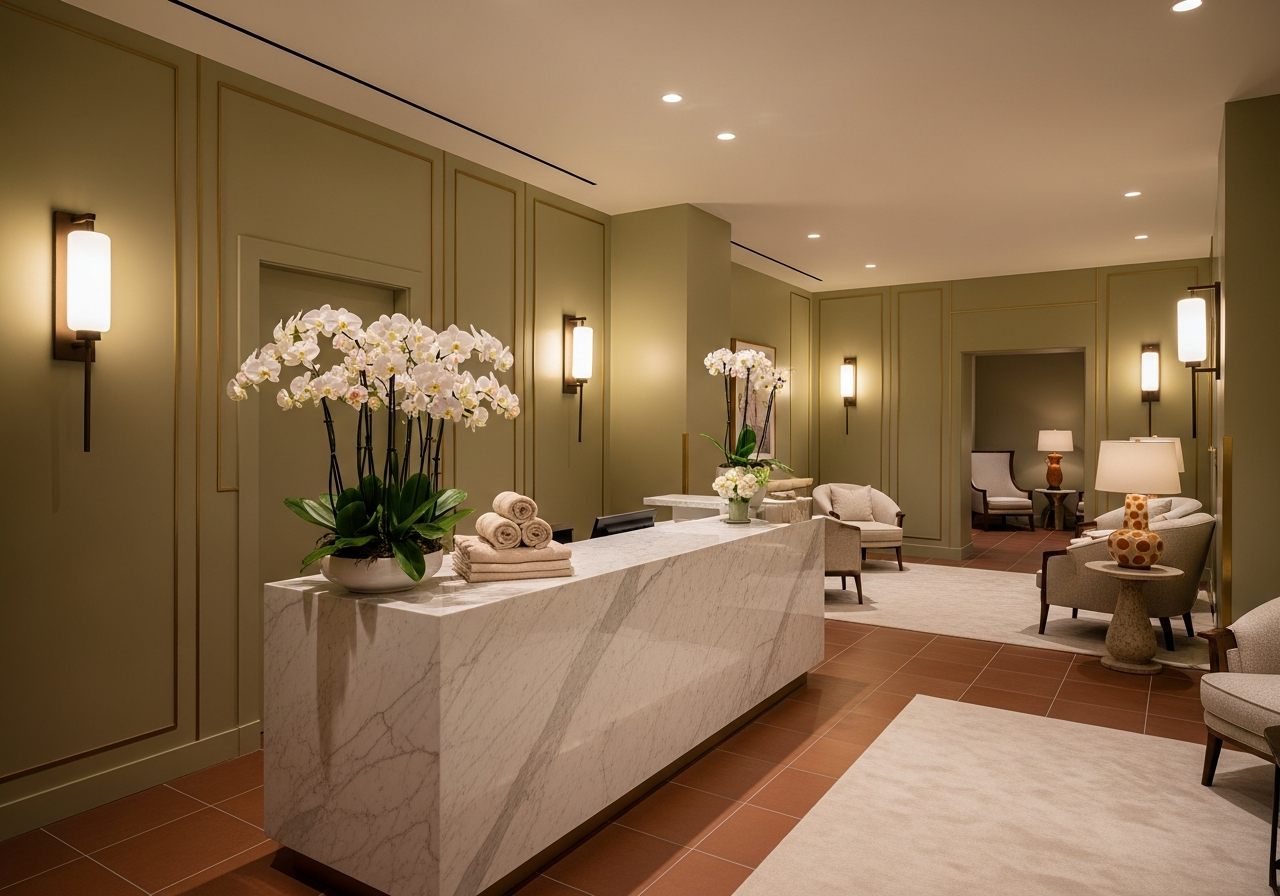Welcoming spa reception interior with jade tones and fresh orchids — illustrative